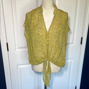 Ovi Sheer Yellow & Black Sleeveless Blouse with Tie at Bottom Front Size Large